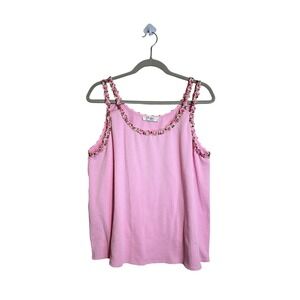 Moa Moa Woman Pink Ribbed Floral Embroidered Tank Top Coquette Scoop Neck XL
